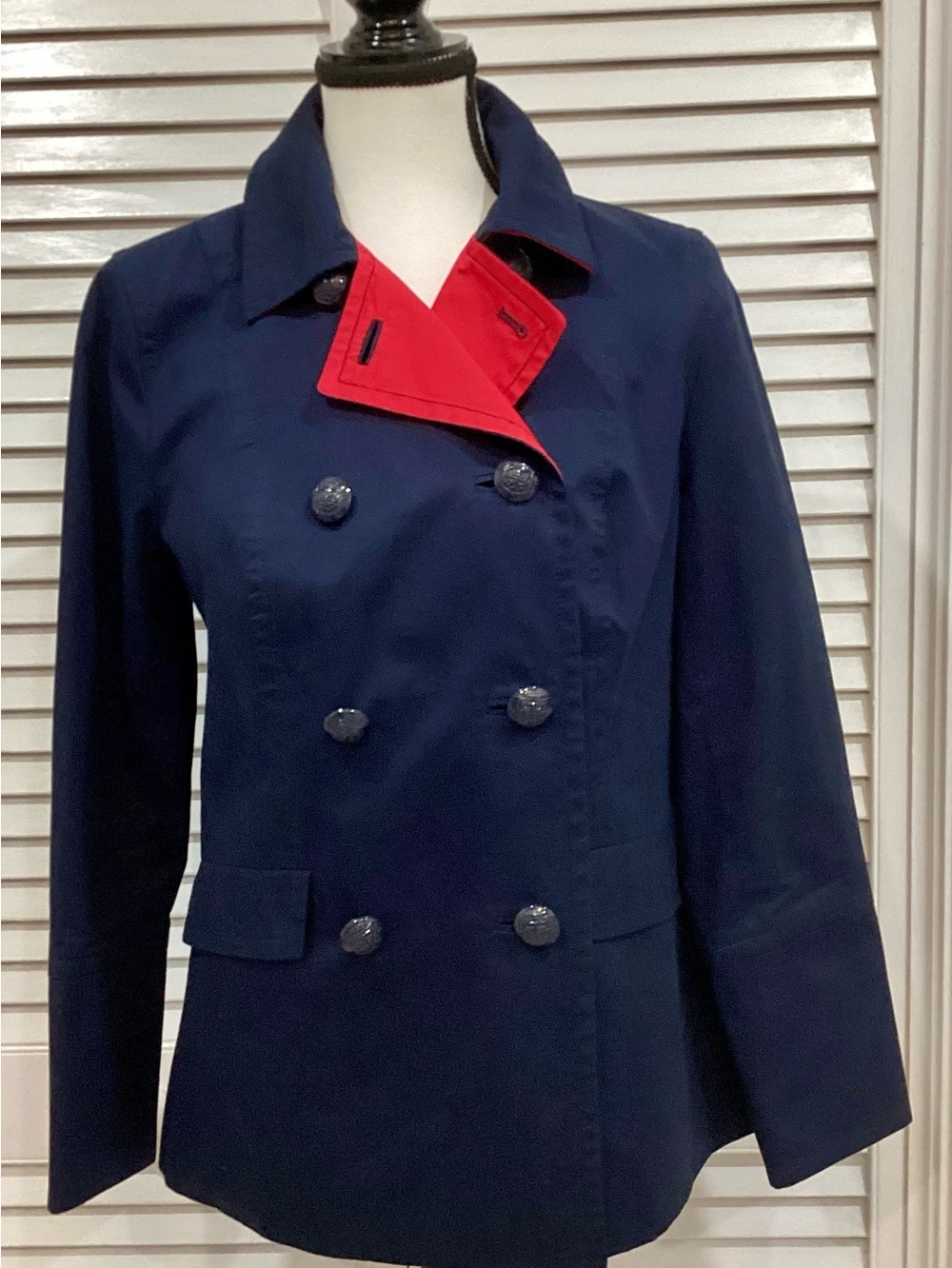 Talbots Petite S Navy Blue Double Breasted Jacket Red Contrast Collar Pea Coat